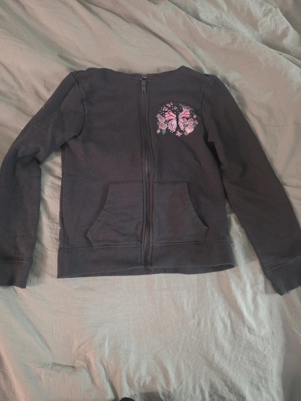 Girls' Black Zip-Front Hoodie with Pink Butterfly Graphic